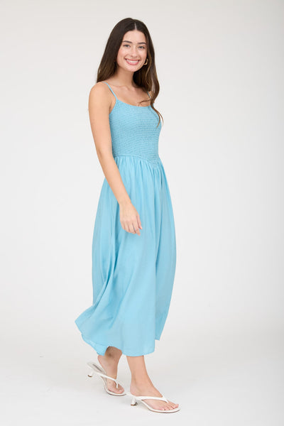 Smocked Basque Waist Spaghetti Strap Midi Dress