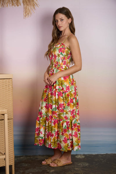 Tropical Floral Smocked Spaghetti Strap Midi Dress