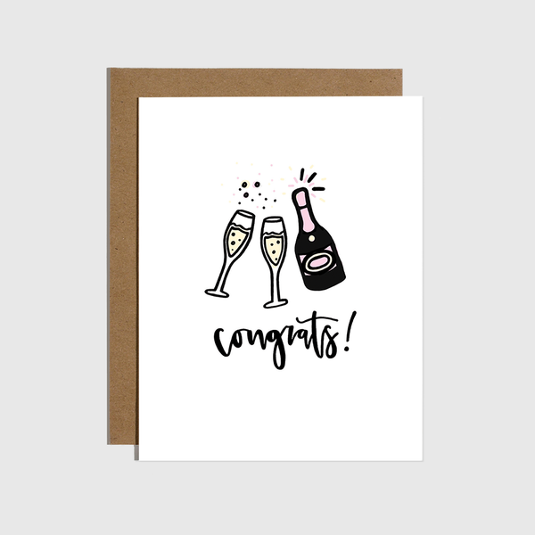 Greeting card with champagne bottle and glasses illustration and 'Congrats!' text on a white background.