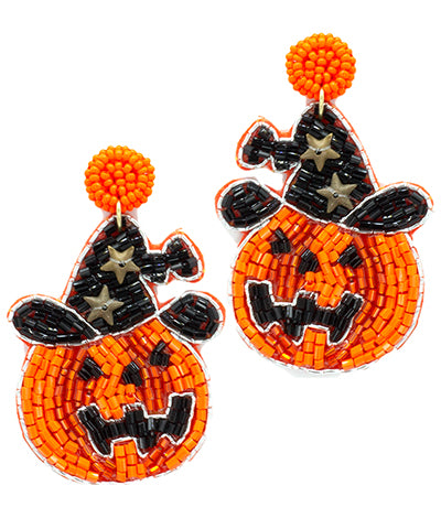 Beaded Pumpkin Witch Hat Earrings