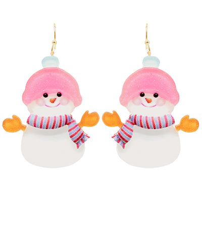 Pink Hat Snowman W/ Scarf Earrings