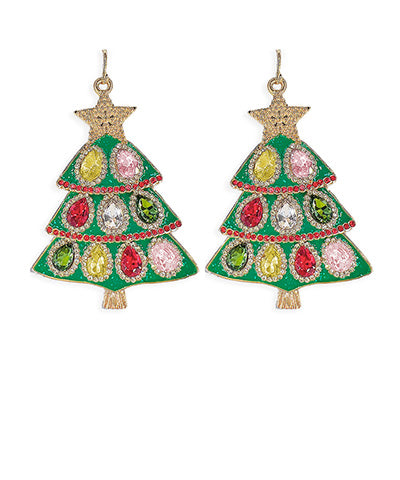 Christmas Tree Jeweled Metal Earrings