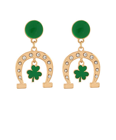 Crystal Horseshoe & Clover Dangle Earrings