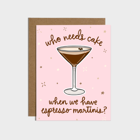 Card with espresso martini illustration and text on a pink background