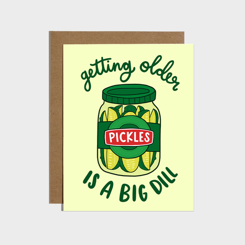 Greeting card with pickle jar illustration and text on a light gray background