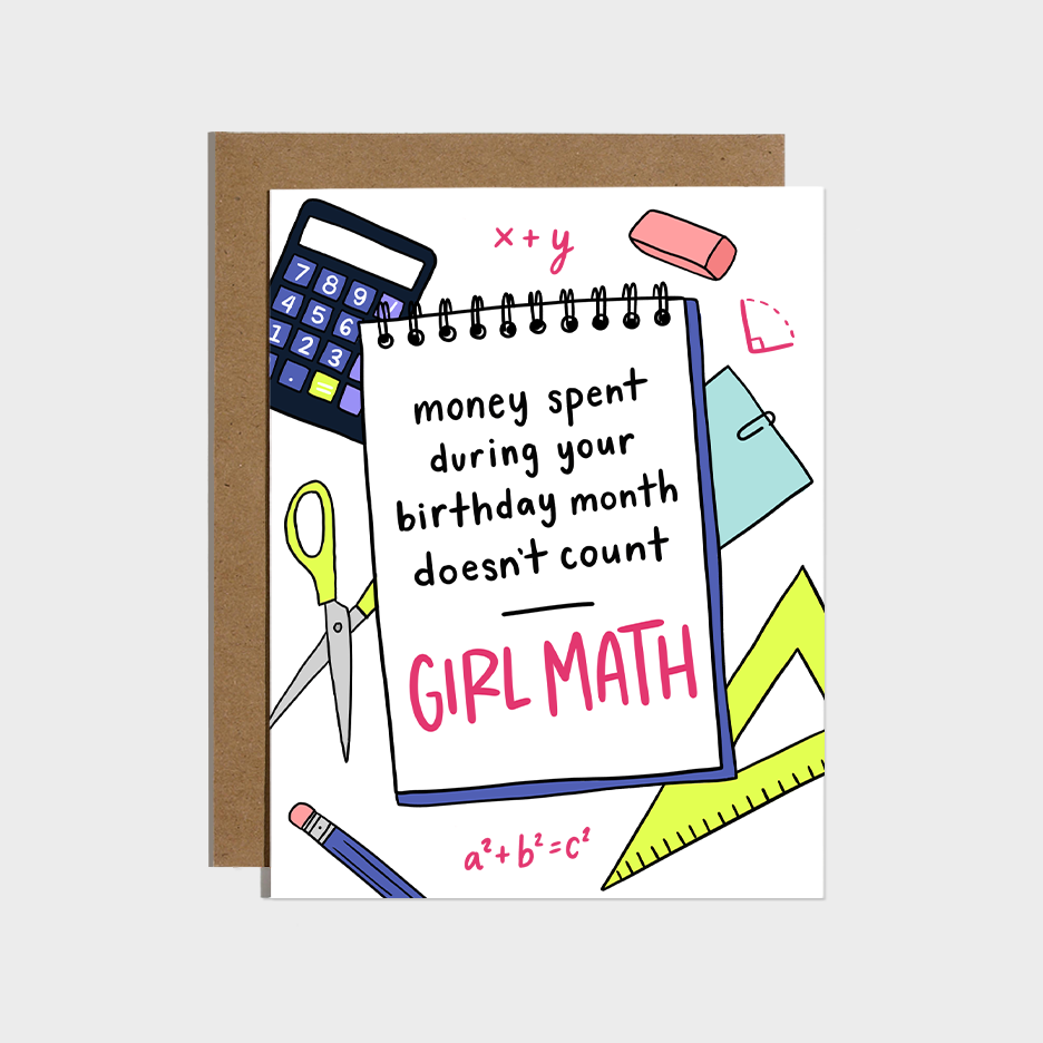 Greeting card with educational-themed illustrations and text on a white background