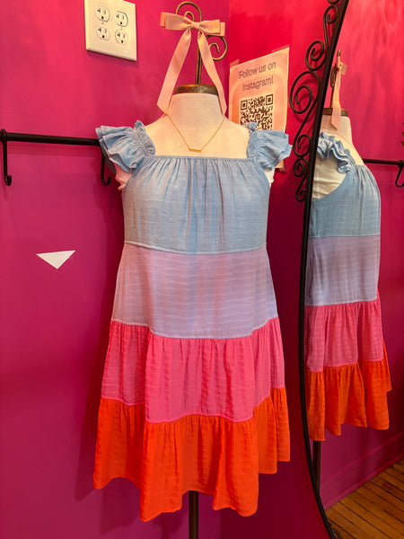 Color Block Tiered Ruffle Sleeve Dress