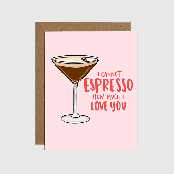 Greeting card with espresso illustration and text on a pink background