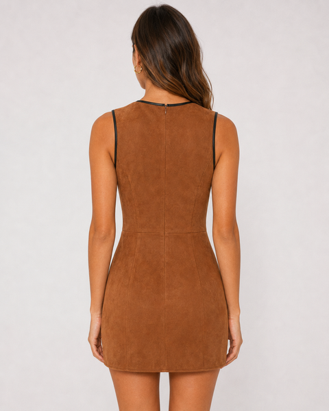 A woman viewed from the back wearing a sleeveless brown faux-suede mini dress with thin black trim along the neckline and armholes, against a light gray studio background.