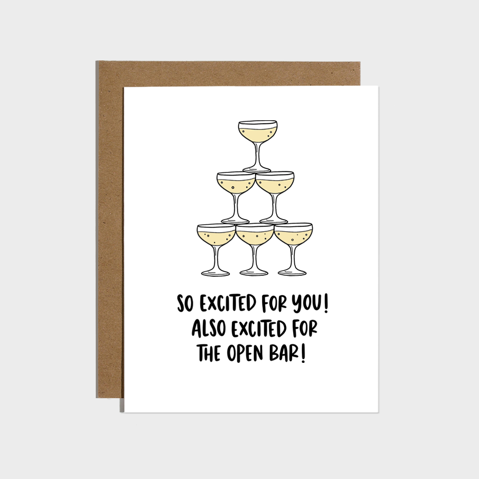 Greeting card with champagne glass illustration and text on a white background