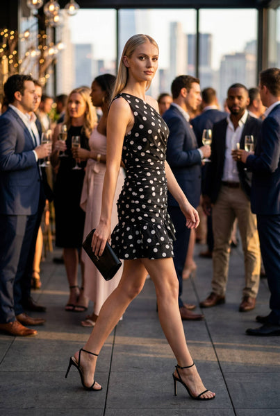 Woman in a black dress with white polka dots walking on a rooftop with people in the background.
