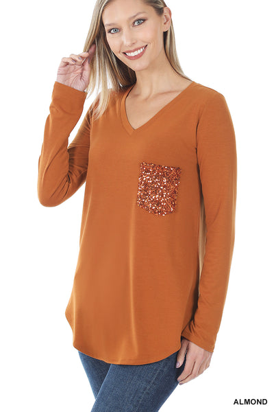 Long Sleeve V-Neck Sequin Pocket Top - Multiple Colors - Available in Plus