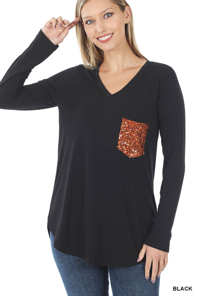 Long Sleeve V-Neck Sequin Pocket Top - Multiple Colors - Available in Plus