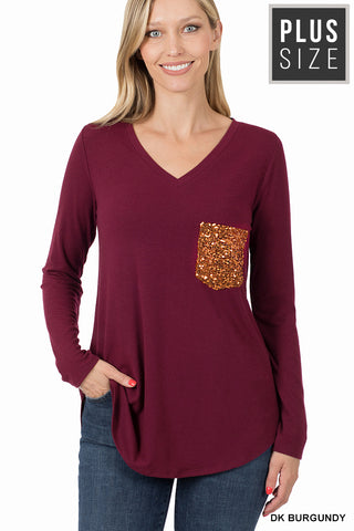 Long Sleeve V-Neck Sequin Pocket Top - Multiple Colors - Available in Plus