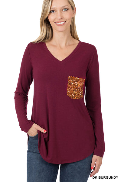 Long Sleeve V-Neck Sequin Pocket Top - Multiple Colors - Available in Plus