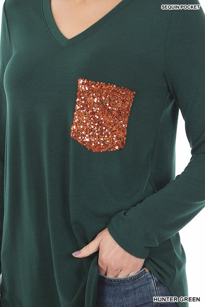 Long Sleeve V-Neck Sequin Pocket Top - Multiple Colors - Available in Plus