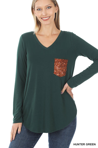 Long Sleeve V-Neck Sequin Pocket Top - Multiple Colors - Available in Plus
