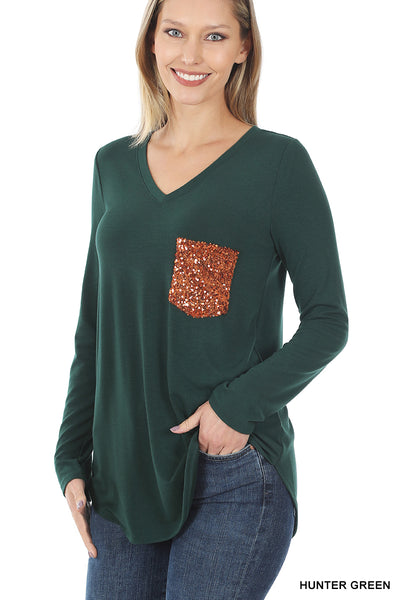 Long Sleeve V-Neck Sequin Pocket Top - Multiple Colors - Available in Plus