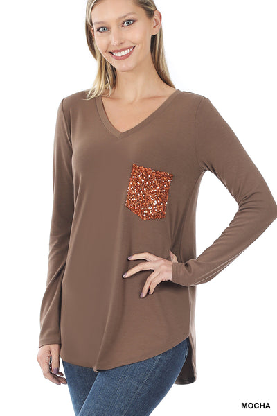 Long Sleeve V-Neck Sequin Pocket Top - Multiple Colors - Available in Plus