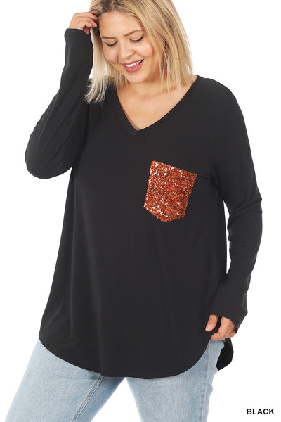 Long Sleeve V-Neck Sequin Pocket Top - Multiple Colors - Available in Plus