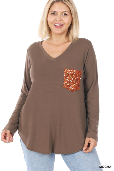 Long Sleeve V-Neck Sequin Pocket Top - Multiple Colors - Available in Plus