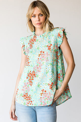 Floral Key Hole Ruffle Trim Top