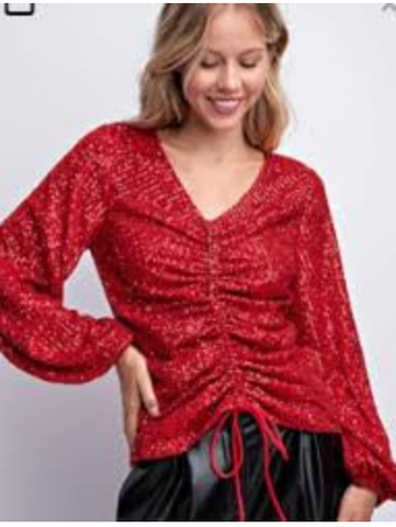 Red Holiday Sequin Front Gathered Top