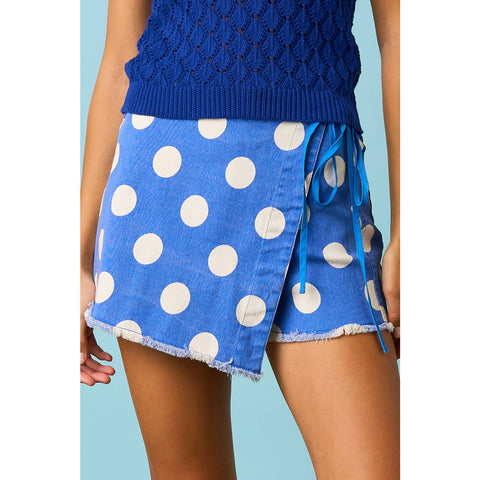 Blue polka dot skirt with a matching top on a light blue background