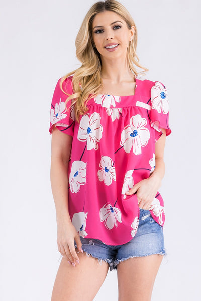 Hot Pink Square Neck Flutter Blouse