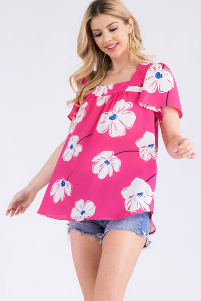 Hot Pink Square Neck Flutter Blouse