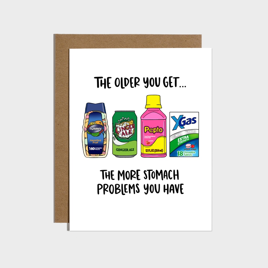 Greeting card with cartoon-style medicine bottles and humorous text on a white background