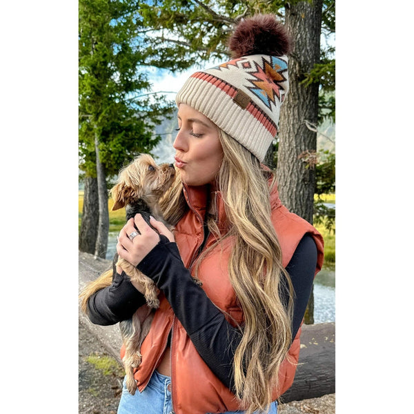 Southwestern Faux Fur Pom C.C Beanie