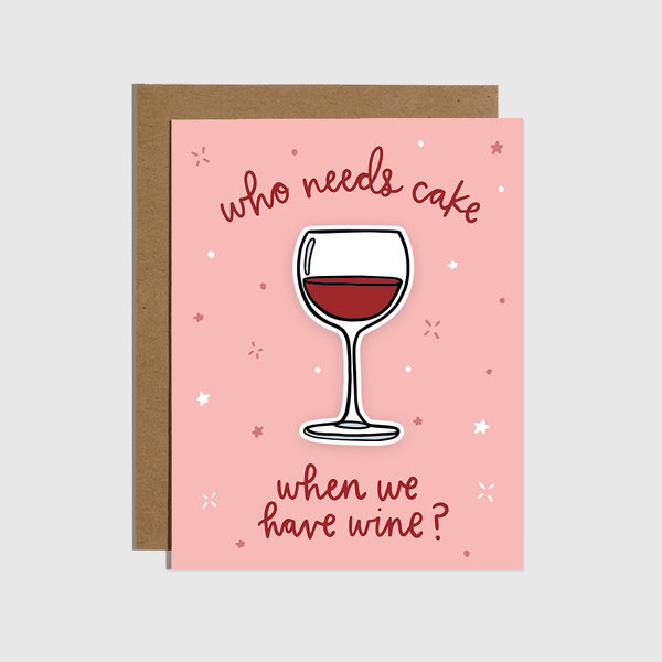 Card with a wine glass illustration and humorous text on a pink background