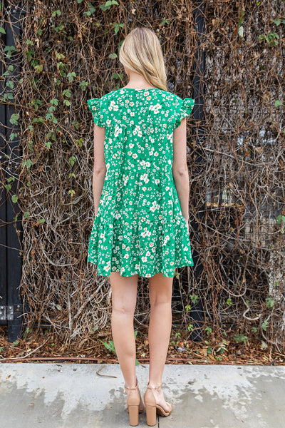 Floral Ruffle Sleeve Tiered Dress - Green