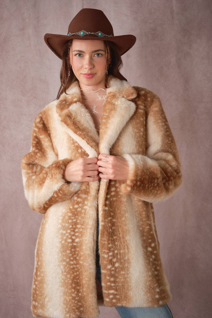 Blue B - 25046J Deer Print Faux Fur Coat