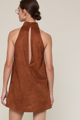 Camel Suede Turtle Neck Cutout Mini Dress