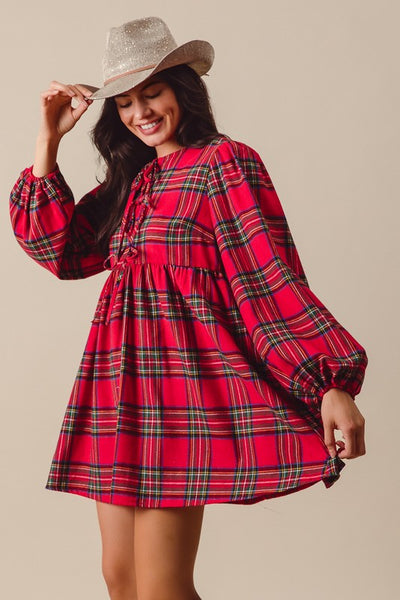 Holiday Plaid Front Tie Mini Dress