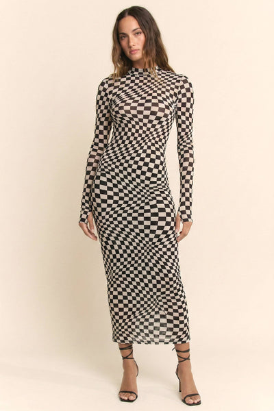 Davi & Dani - CHECKERED OPTICAL ILLUSION MESH MIDI DRESS