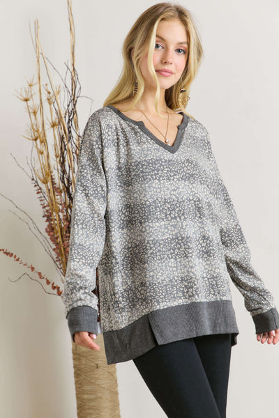 Animal Print Loose Fit V Neck Top