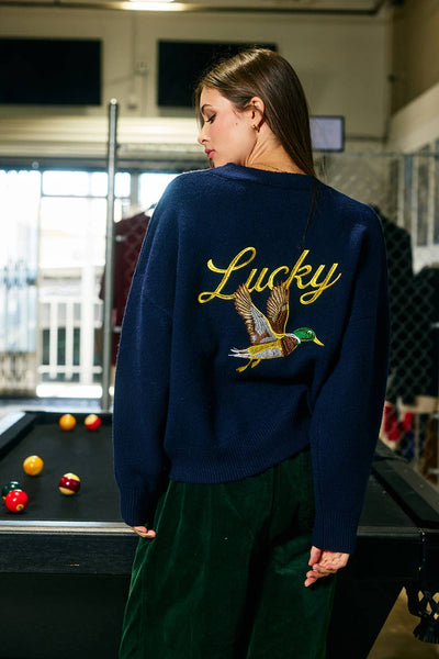 BUCKETLIST INC - IJ3212-LUCKYDUCK | Embroidered "Lucky Duck" V-Neck Cardigan