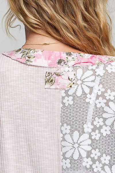 Pol Clothing - Unique Patchwork Lace Floral Knit Short Sleeve Top SALE