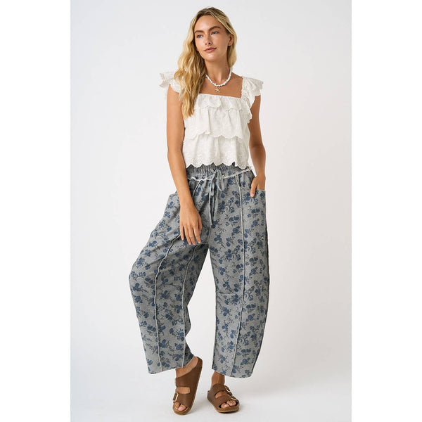 mittoshop - BLUE FLORAL PRINT SEAM DETAIL PULL ON BARREL PANTS