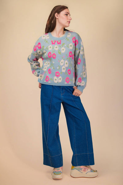 VERY J - 12W3428N-Oversized Floral Textured Printed Knit Sweater Top