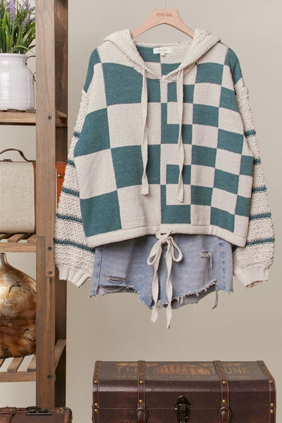 Hooded Olive Checkered Drawstring Sweater