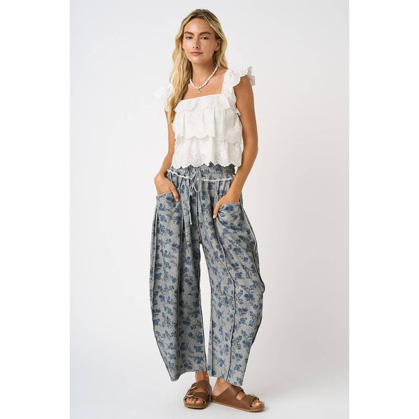 mittoshop - BLUE FLORAL PRINT SEAM DETAIL PULL ON BARREL PANTS