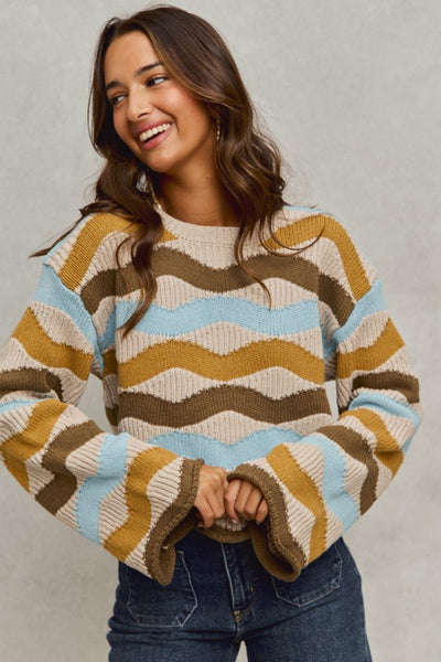 Taupe And Blue Wavy Multi Color Stripe Sweater