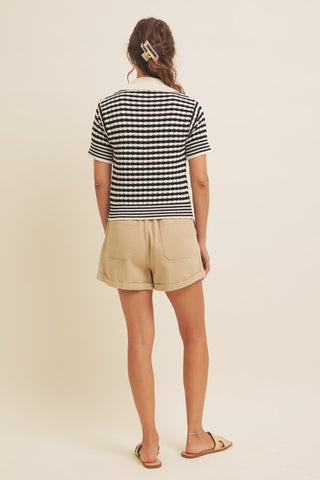 Textured Cotton Collared Striped Sweater Top