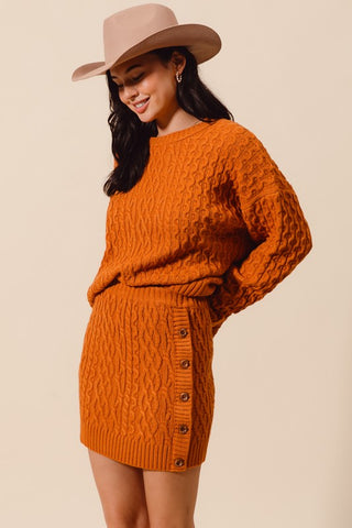 Cable Knit Sweater Top And Side Buttoned Skirt Set