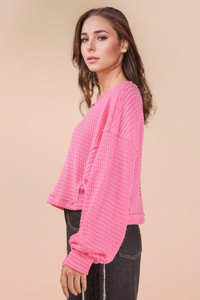 Oversized Waffle Knit Casual Top - Pink