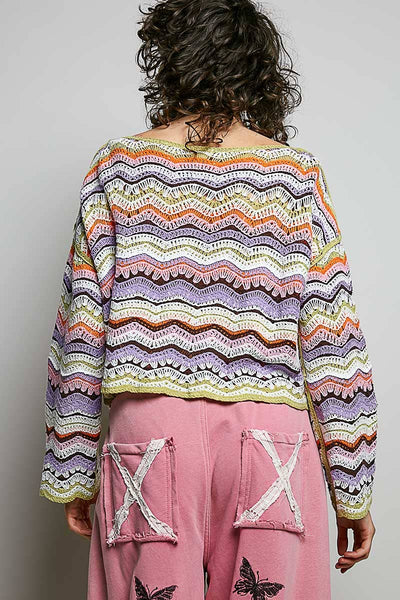 Pol Clothing - Crochet Stripe Scalloped Round Wide-Neck Long Sleeve Top